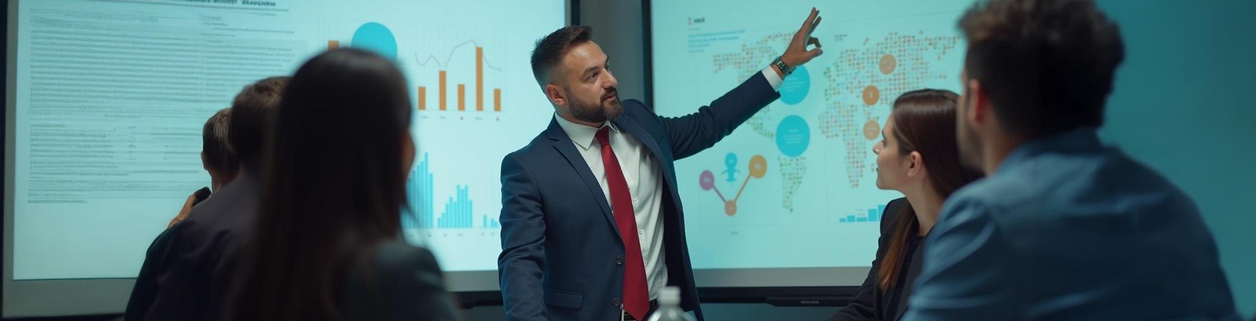  Un hombre latino, con barba, vestido con traje y corbata roja, en una sala de reuniones con gráficos al fondo.