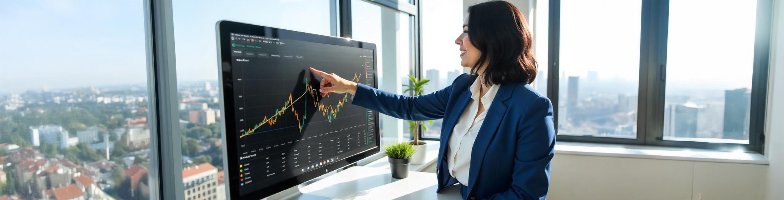Una mujer hispana de 30 años con cabello negro y traje azul apuntando a una pantalla de computadora con gráficos en una oficina luminosa.