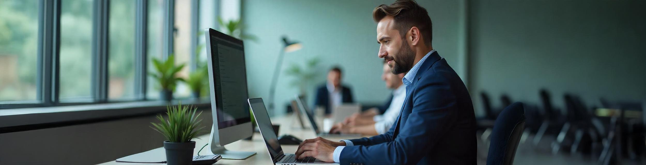 Un hombre latino, de 35 años, con cabello y barba castaños, vestido con un traje azul, trabajando en una computadora portátil en una oficina.