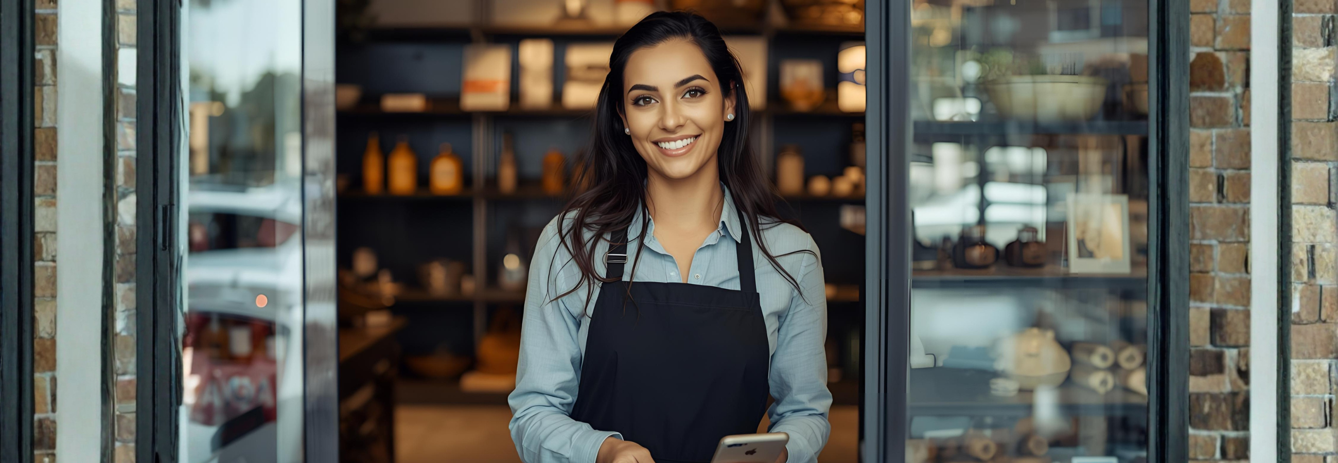 empresaria en la puerta de su negocio
