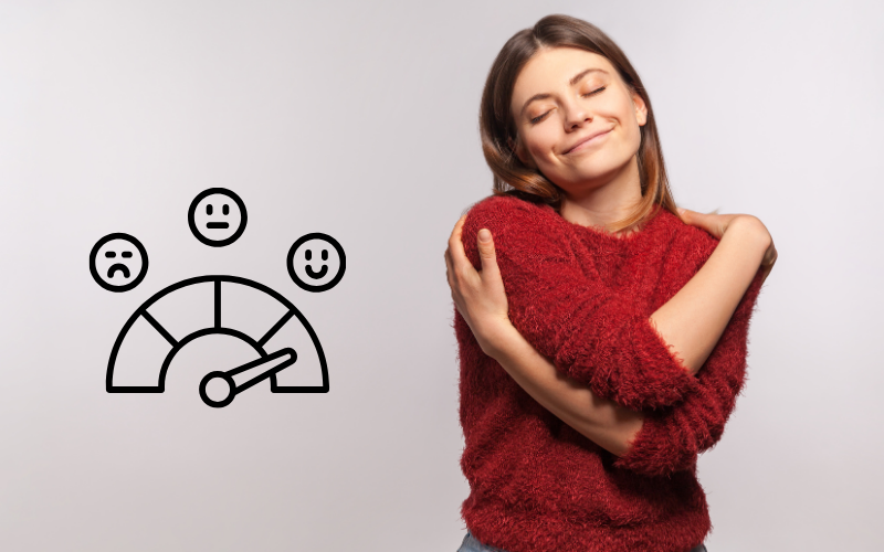 Mujer se abraza . Metro de ansiedad.